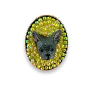Daydream of Frenchie Yellow Rhinestones Bulldog Designer Silvertone OOAK Ring